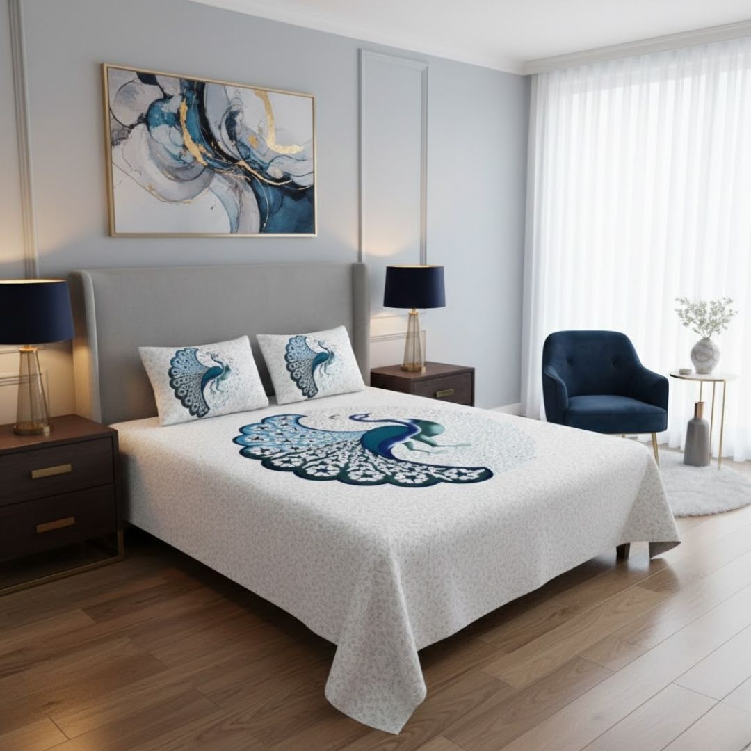 Twill Cotton Bedsheet Dancing Blue Peacock